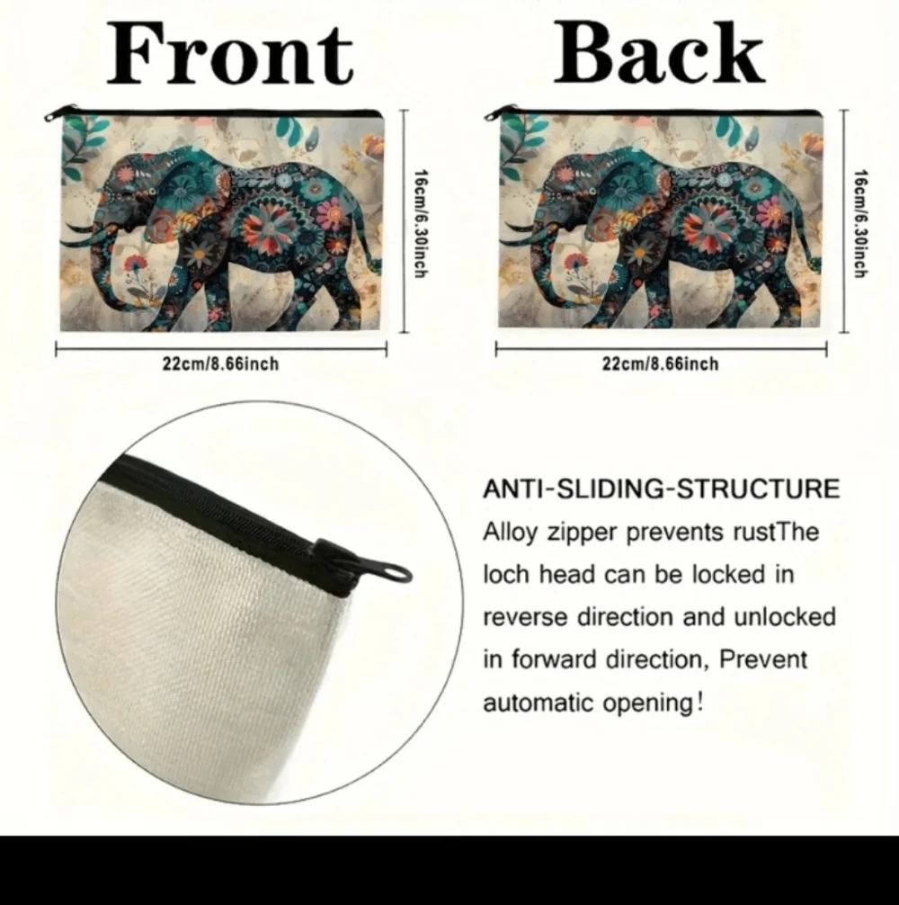 Boho Floral Elephant Print Clutch Zipper Purse Pouch